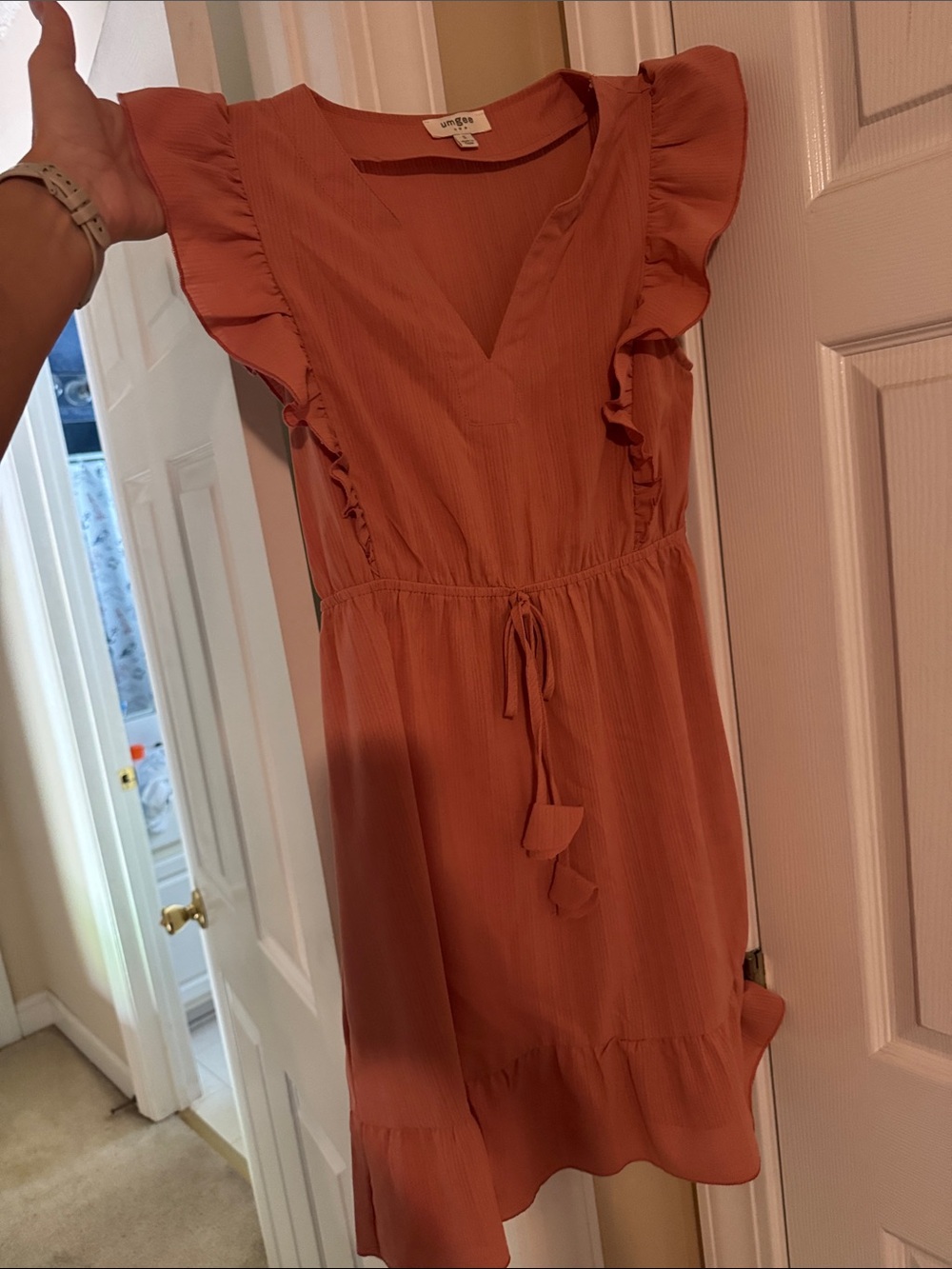 Umgee Rust Ruffle Sleeve V-Neck Mini Dress